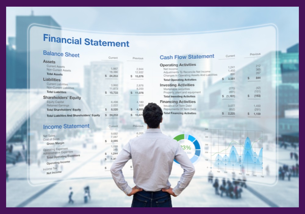 Business Man Looking At Large Screen with Financial Statements